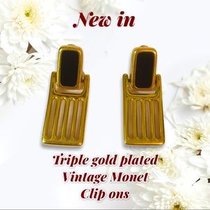 Vintage Art Deco Monet triple gold plated clip ons